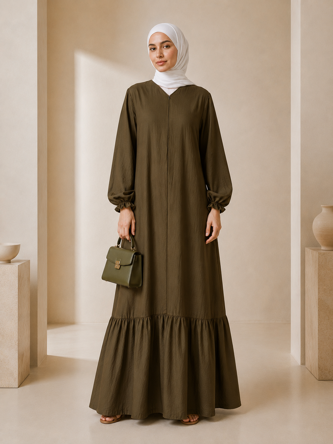 Tasnym Zipper Premium Modest Cotton Linen Abaya Dress Olive