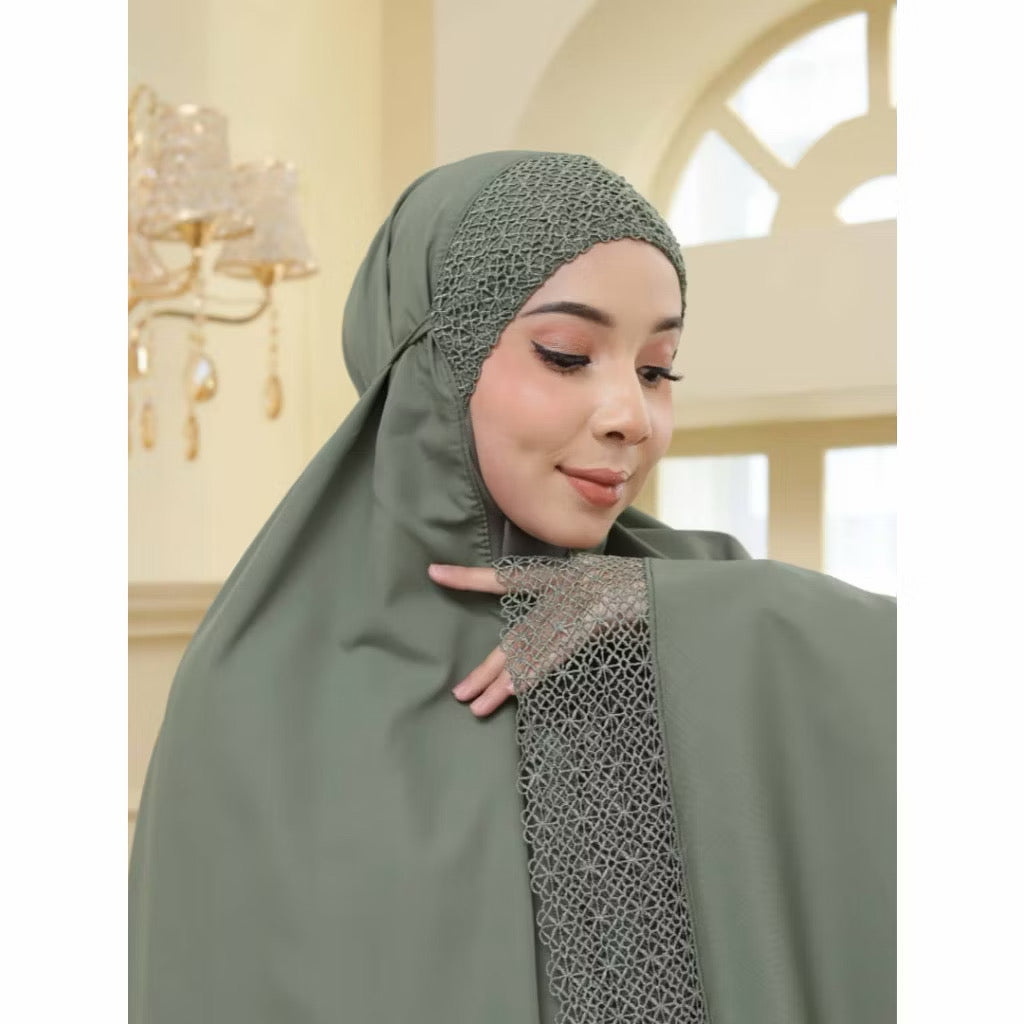 Prayer Clothes for Muslim Women - 2 Pcs Dress & Headscarf Set with Lace Detailing Modest