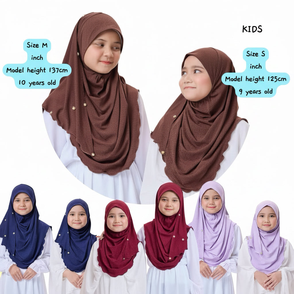 Noor Instant Ironless Kids Hijab with pearl and elastic chin (M size) Black