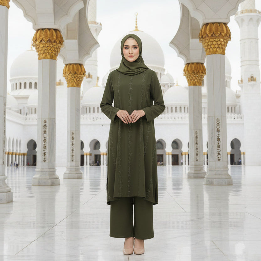 Yumna Women's Long Length 2 Piece Co-Ord Set with Beadwork (Olive)