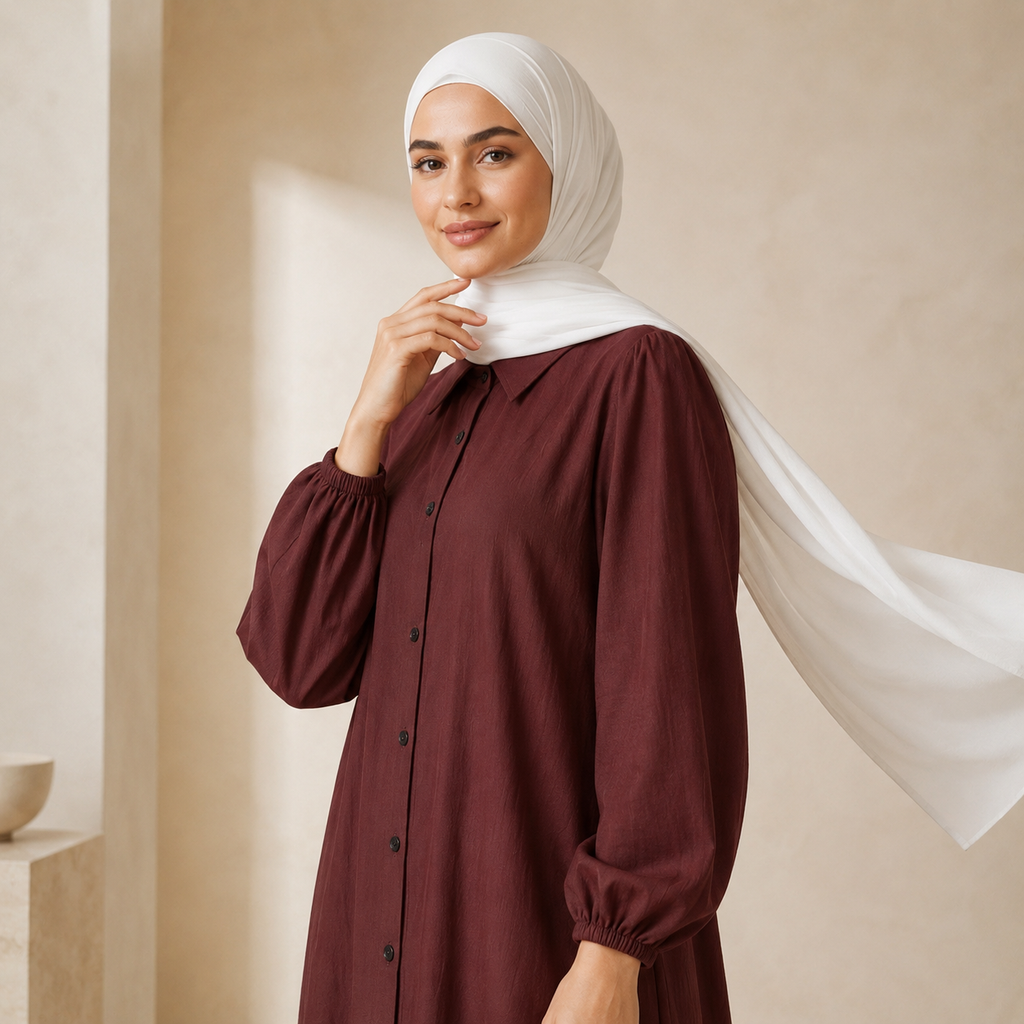 Hayfa Buttoned Premium Modest Cotton Linen Dress Breathable Long Sleeve Loose Fit Maxi Dress Rich Brown