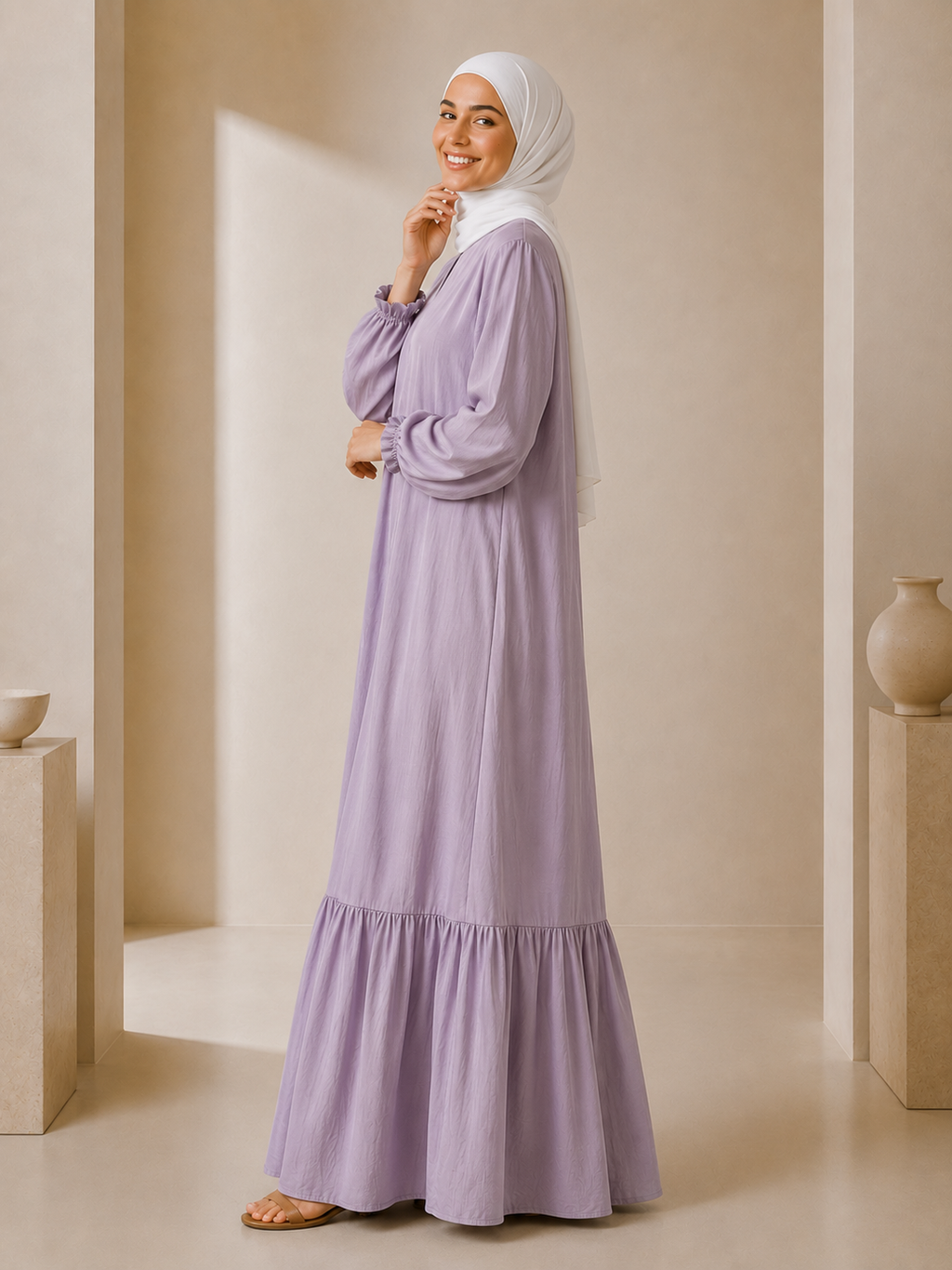 Tasnym Zipper Premium Modest Cotton Linen Abaya Dress Light Lavender
