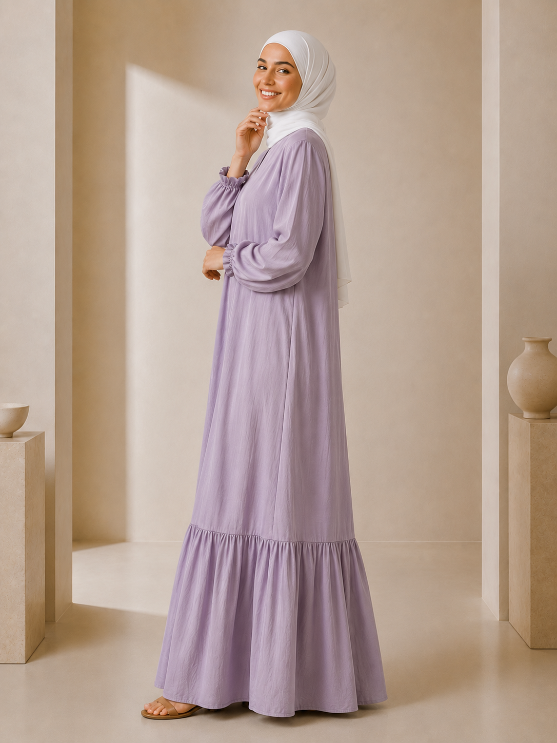 Tasnym Zipper Premium Modest Cotton Linen Abaya Dress Light Lavender