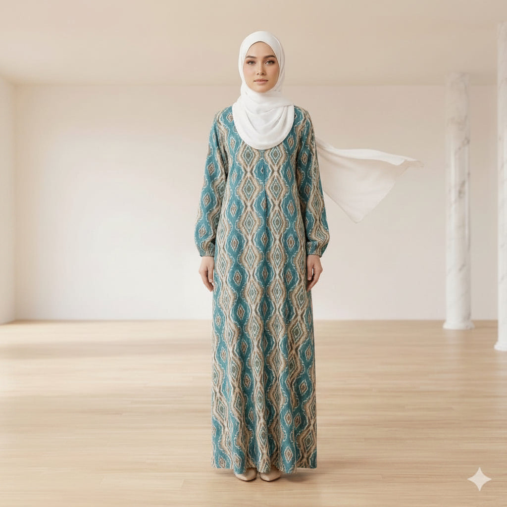 Yaafa Modest Abaya Malaysian Batik Print with front zipper (Cyan)