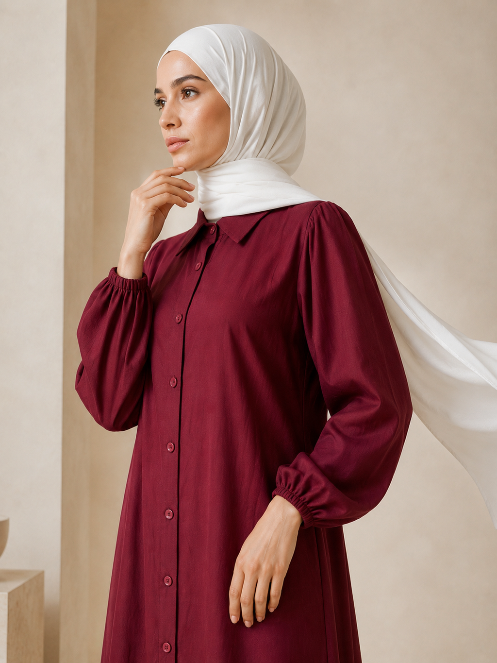 Hayfa Buttoned Premium Modest Cotton Linen Dress Breathable Long Sleeve Loose Fit Maxi Dress Maroon