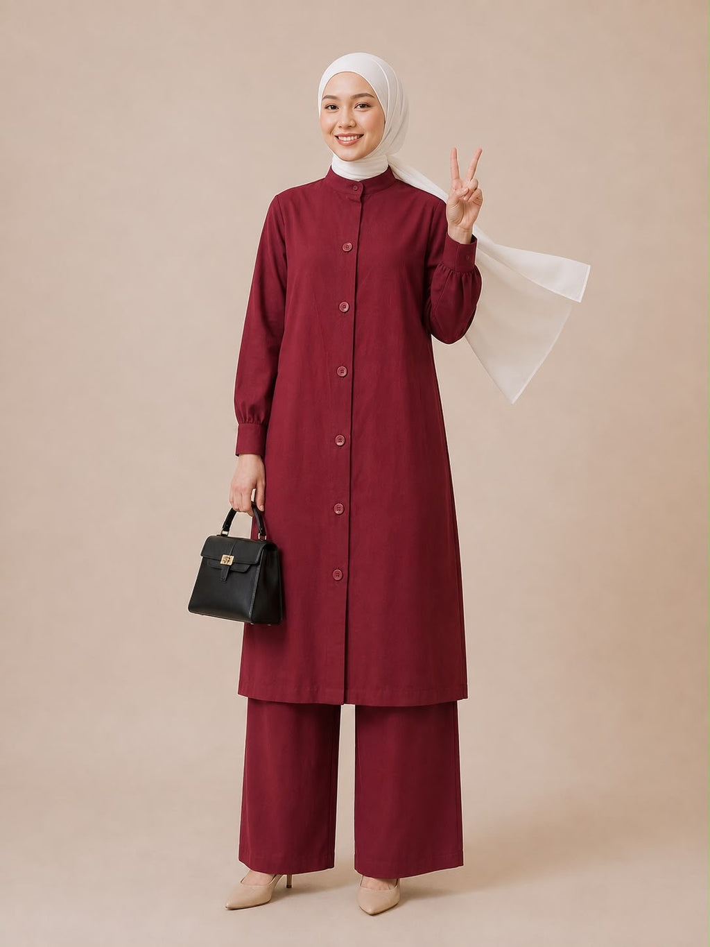Noor Modest Cotton Linen 2 Pieces Long Co-Ord Set ( Burgundy)