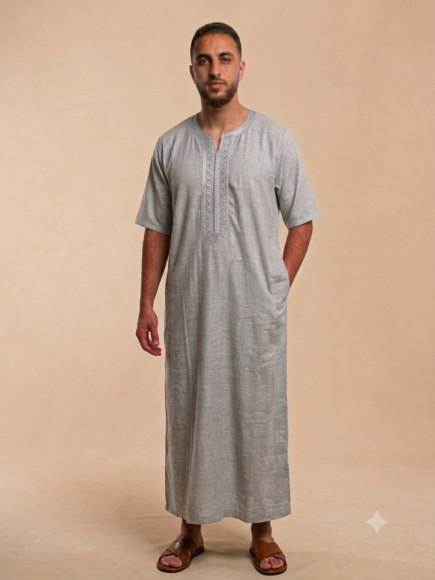 Men thobe maghribi style Morocco Jallabiya – 100% Cotton short sleeve Light brown