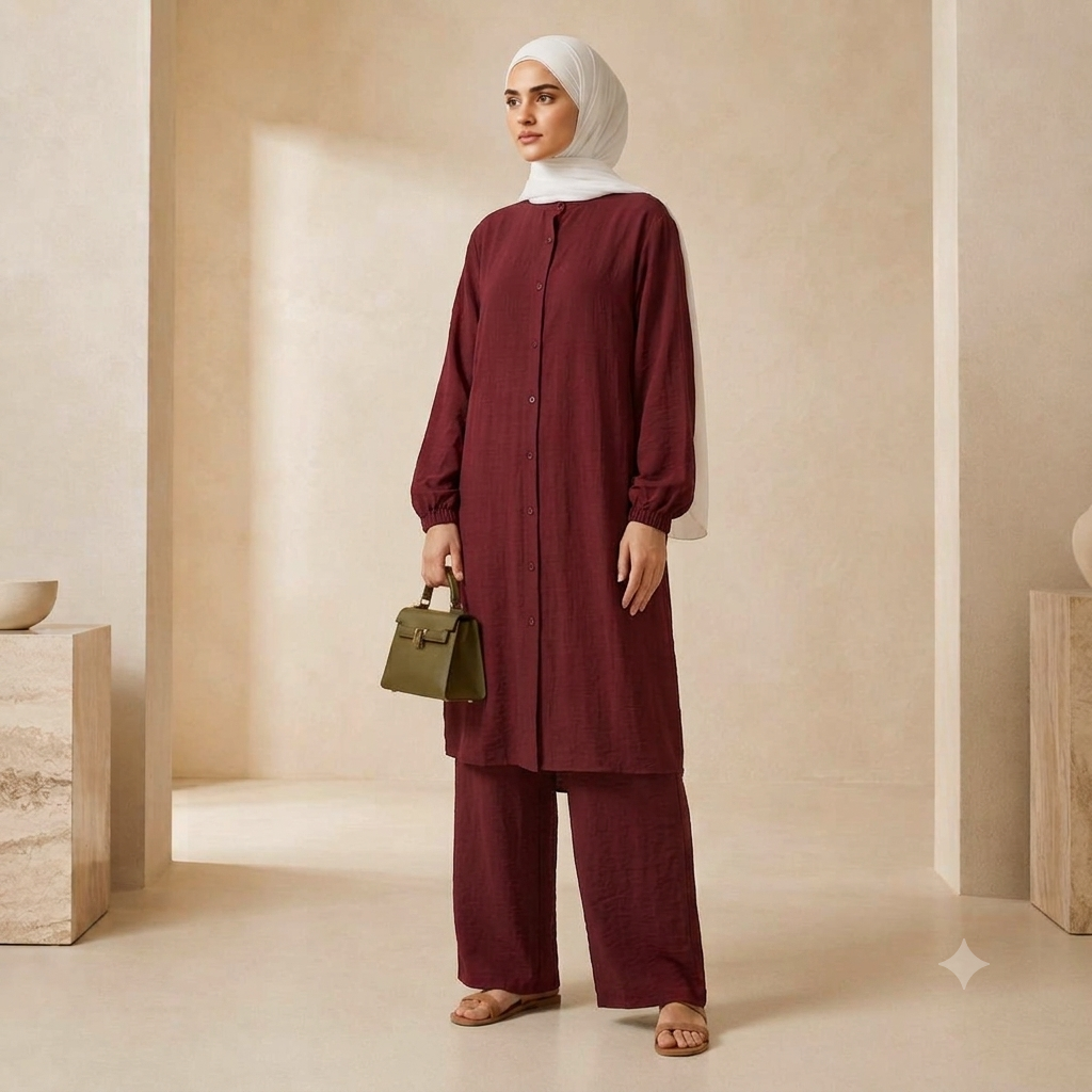 Hayfa Women's Button Medium length co-ords set Ironless 2 Pieces Outfit Set (Maroon)