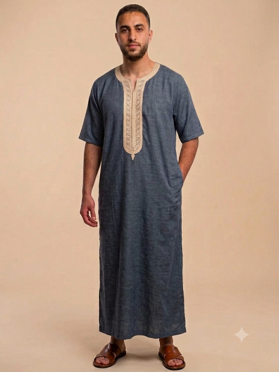 Men thobe maghribi style Morocco Jallabiya – 100% Cotton short sleeve Light brown