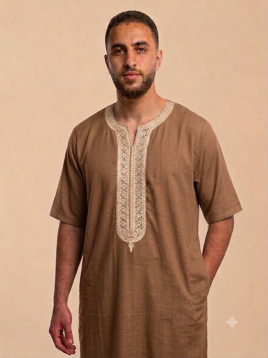 Men thobe maghribi style Morocco Jallabiya – 100% Cotton short sleeve Light brown