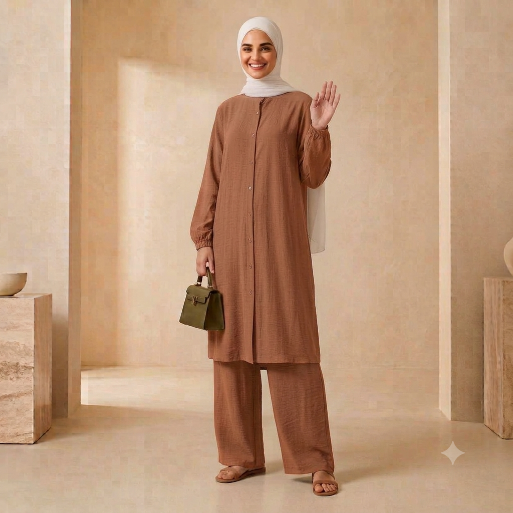 Hayfa Women's Button Medium length co-ords set Ironless 2 Pieces Outfit Set (One Size with various colors) Light brown