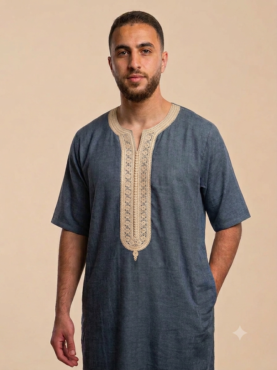 Men thobe maghribi style Morocco Jallabiya – 100% Cotton short sleeve Blue