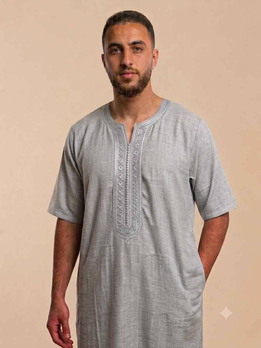 Men thobe maghribi style Morocco Jallabiya – 100% Cotton short sleeve Gray