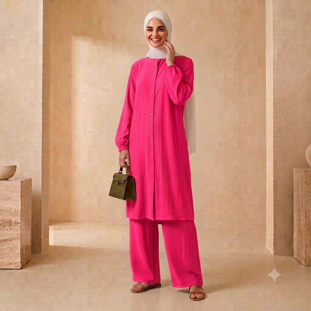 Hayfa Women's Button Medium length co-ords set Ironless 2 Pieces Outfit Set (Hot pink)