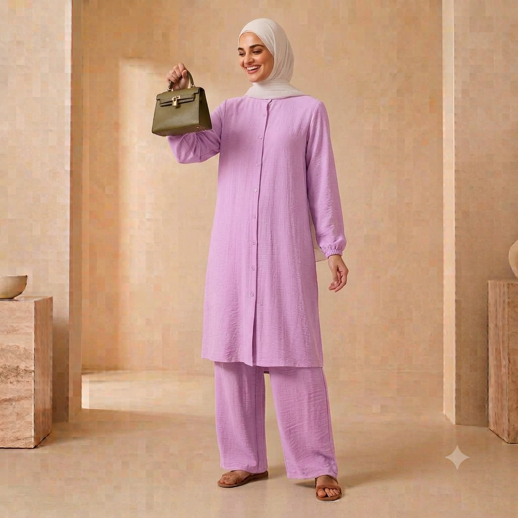Hayfa Women's Button Medium length co-ords set Ironless 2 Pieces Outfit Set (Light purple)