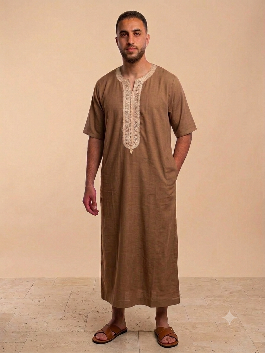 Men thobe maghribi style Morocco Jallabiya – 100% Cotton short sleeve Light brown