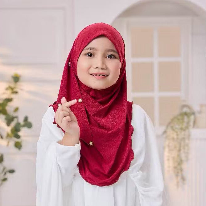 Noor Instant Ironless Kids Hijab with pearl and elastic chin (S size) Strawberry Red