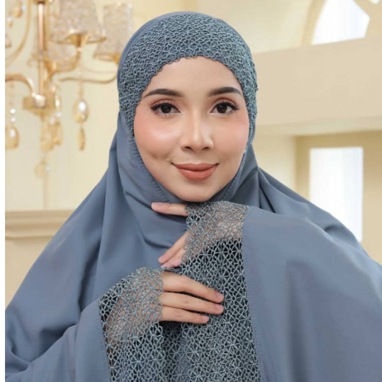 Prayer Clothes for Muslim Women - 2 Pcs Dress & Headscarf Set with Lace Detailing Modest