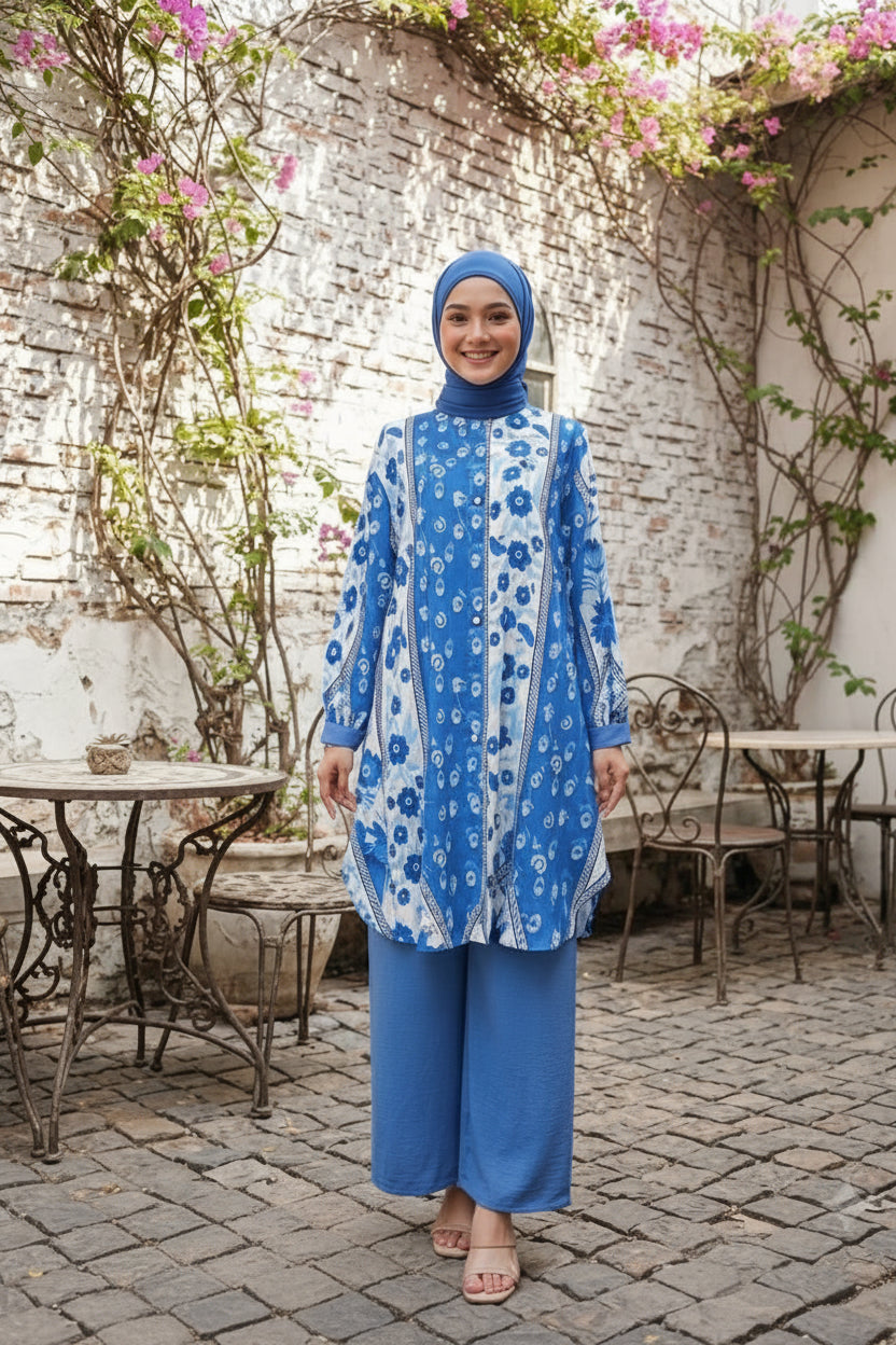 Women's Modest Cotton Linen 2 Piece Suit | Long Co-Ord Set Floral for Work & Casual Wear- Baby Blue