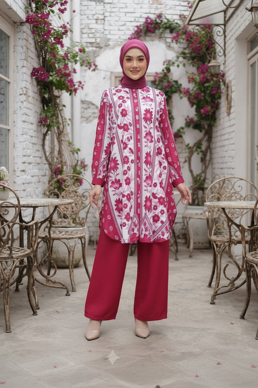 Women's Modest Cotton Linen 2 Piece Suit | Long Co-Ord Set Floral for Work & Casual Wear- Red