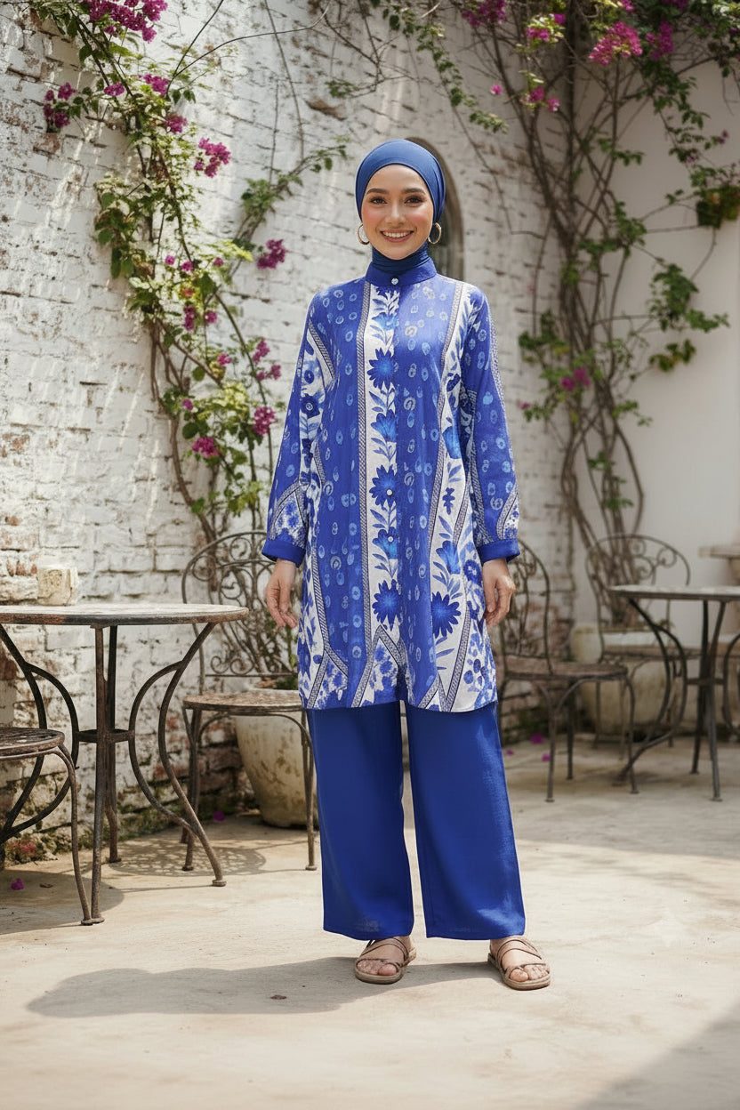 Women's Modest Cotton Linen 2 Piece Suit | Long Co-Ord Set Floral for Work & Casual Wear- Royal Blue