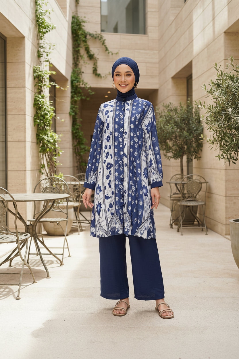 Women's Modest Cotton Linen 2 Piece Suit | Long Co-Ord Set Floral for Work & Casual Wear- Navy Blue