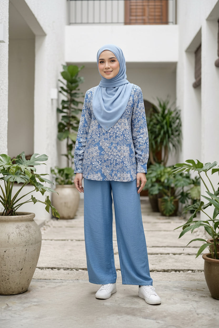 Women's Modest Cotton Linen 2 Piece Suit | Maya Short Co-Ord Set for Work & Casual Wear- Blue