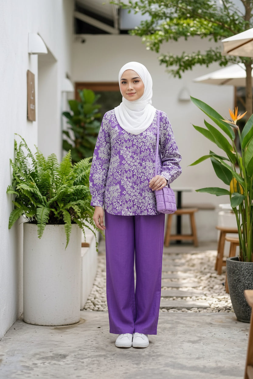 Women's Modest Cotton Linen 2 Piece Suit | Maya Short Co-Ord Set for Work & Casual Wear- Purple