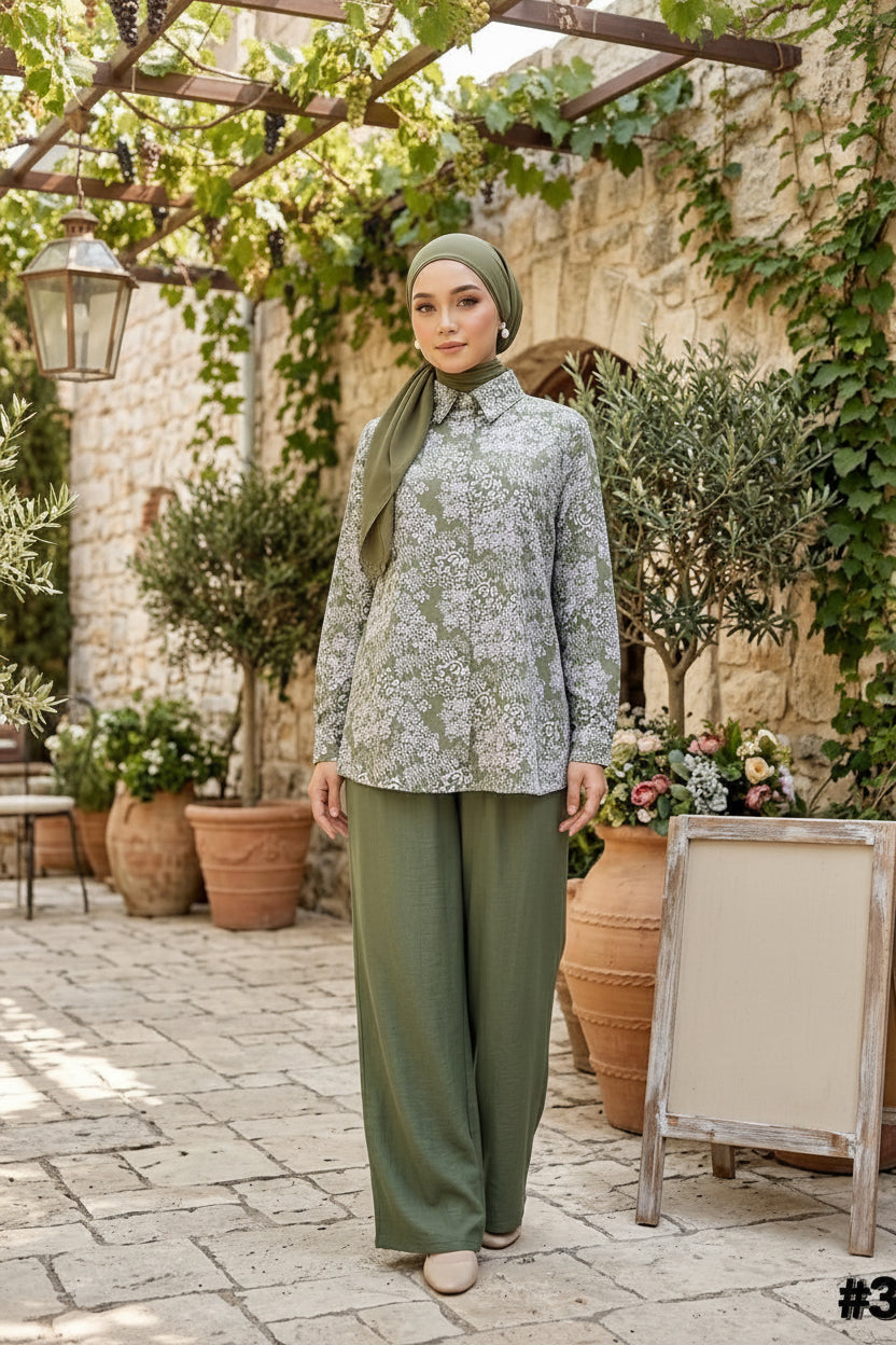 Women's Modest Cotton Linen 2 Piece Suit | Maya Short Co-Ord Set for Work & Casual Wear- Olive