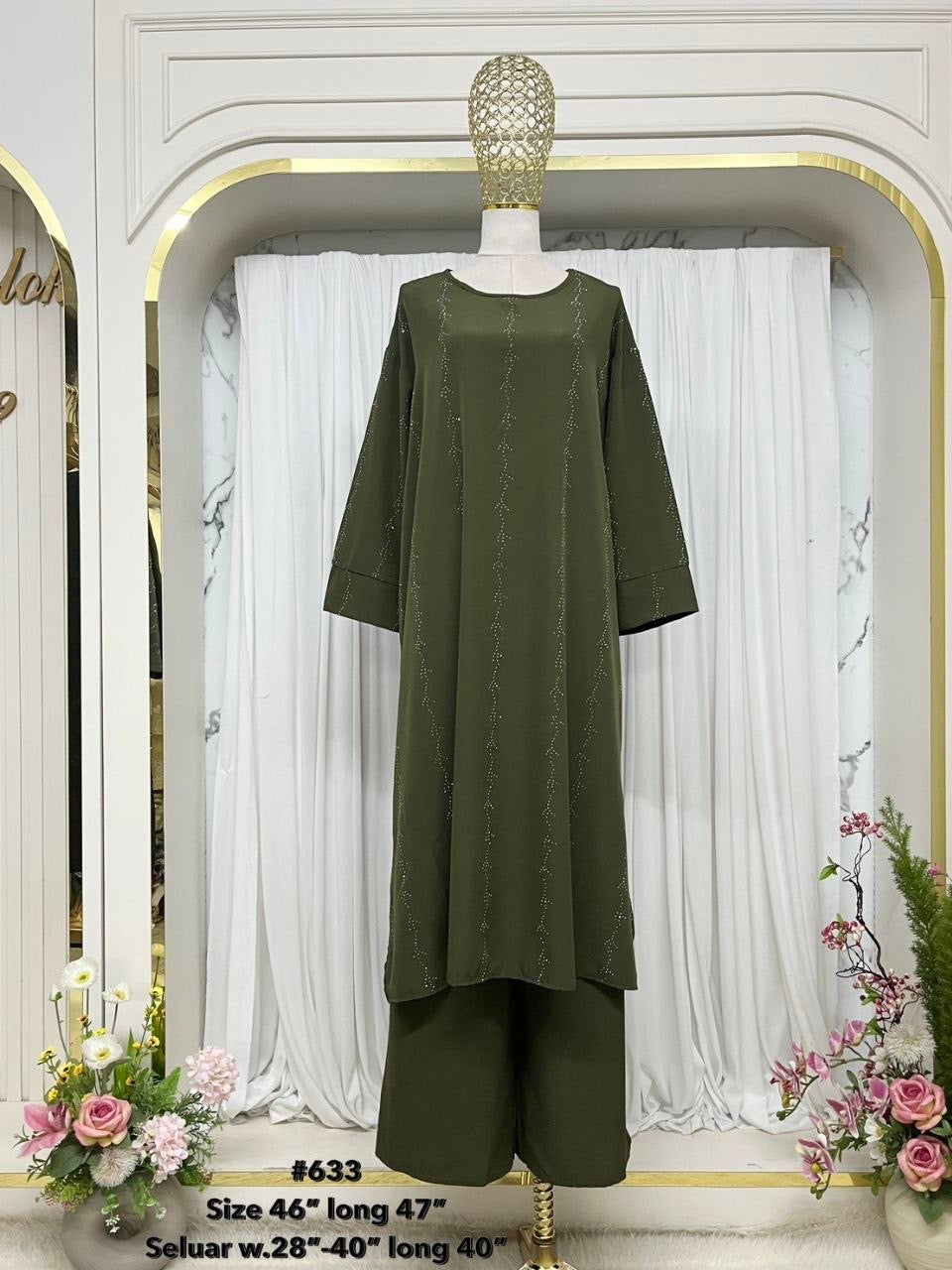 Yumna Women's Long Length 2 Piece Co-Ord Set with Beadwork (Olive)