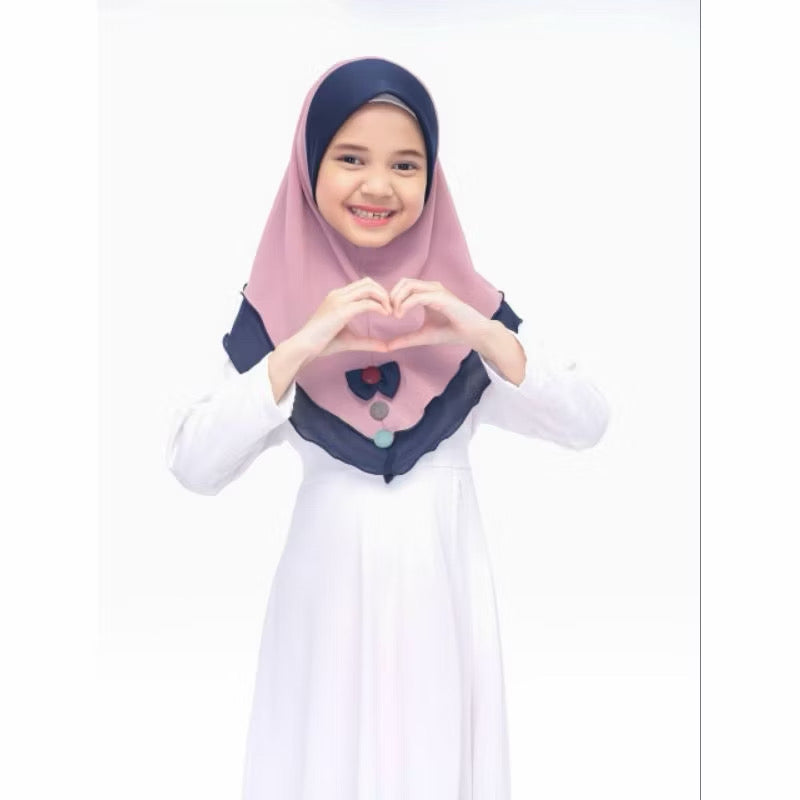 One Piece Chiffon 2 Layer Instant Kids Hijab with Bow and button- Comfortable Fit for everyday wear, ramadhan, and prayer instant hijab