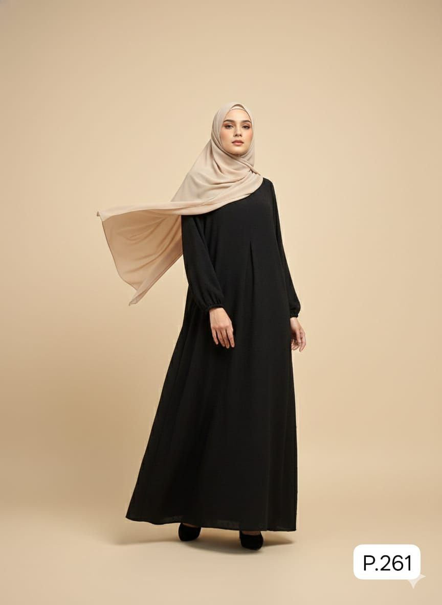 Front zipper Long abaya of Italian crepe with Swiss dot texture modest Islamic black colour (one size)