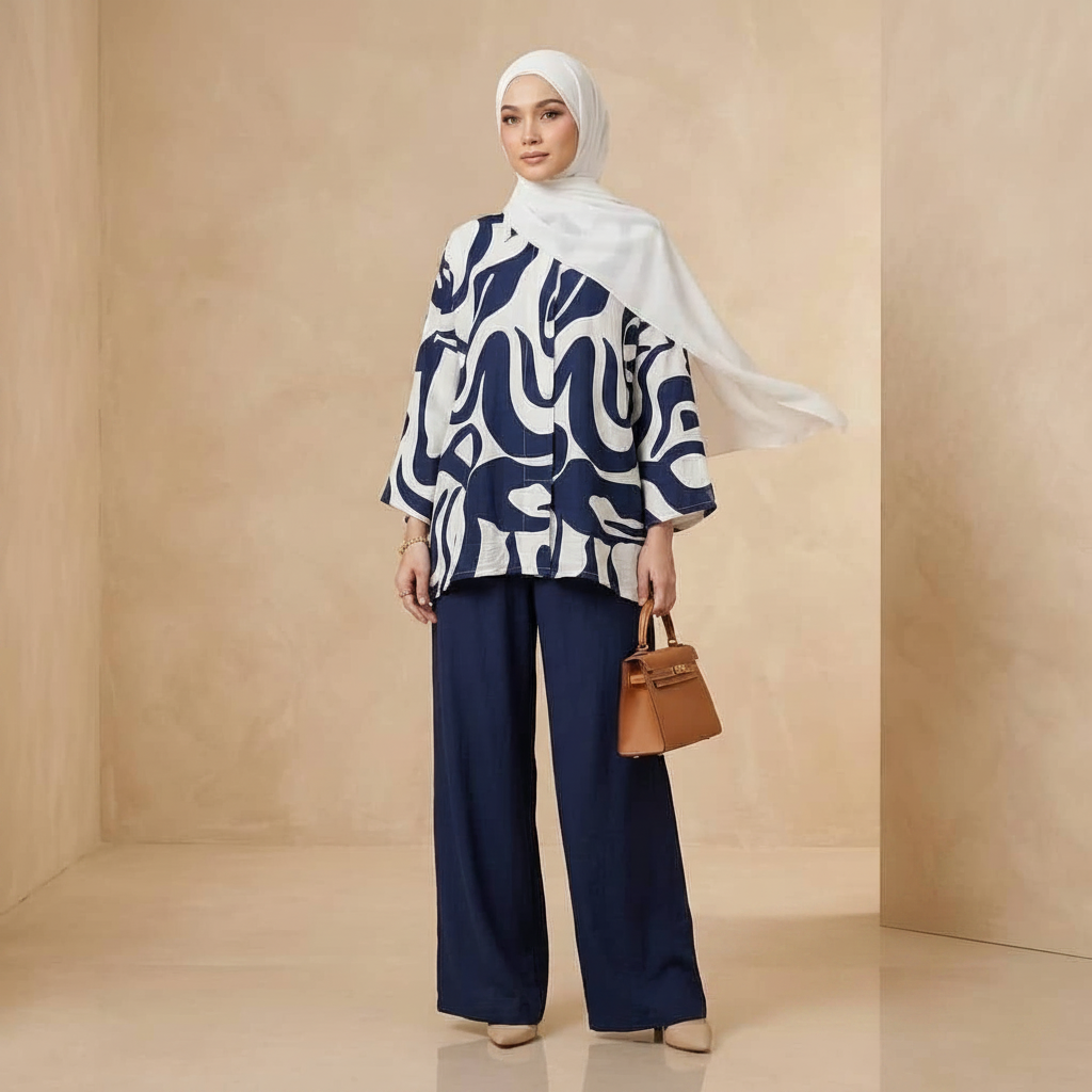 A woman modeling a navy and white abstract patterned top with matching navy wide-leg pants and a white hijab, holding a brown handbag against a beige studio backdrop. Text in the lower right reads 'SET P.