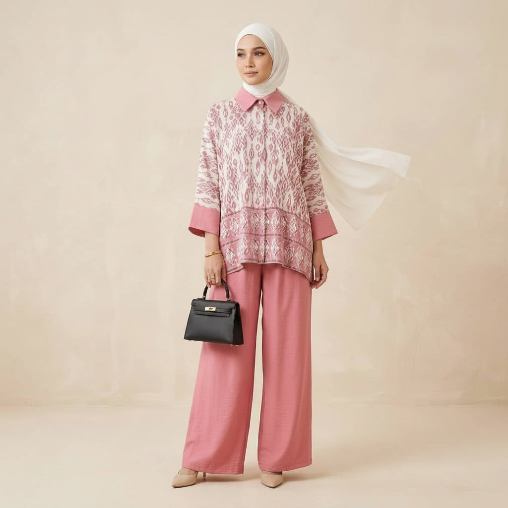 A woman modeling a pink and white patterned blouse with matching pink wide-leg pants and a white hijab, holding a small black handbag against a plain beige studio background. Text in the lower right reads 'SET P.
