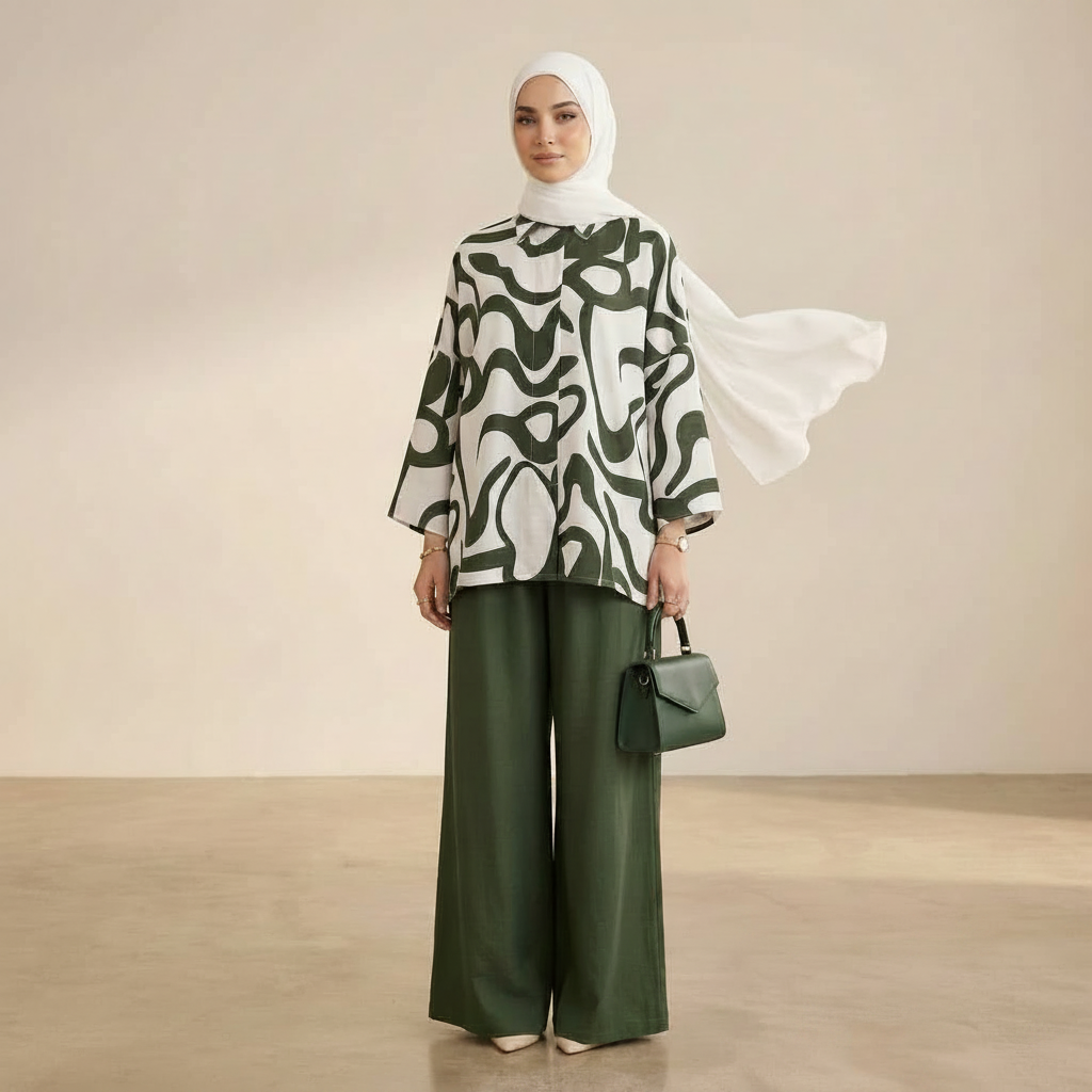 A woman modeling a two-piece outfit consisting of a green and white abstract patterned long-sleeve blouse with a flowing white side panel, paired with olive green wide-leg trousers, a white hijab, and a matching green handbag, set against a neutral beige studio background.