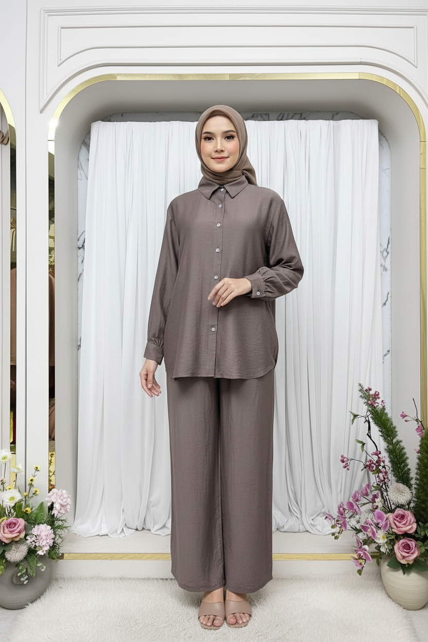 Zahraa Modest Cotton Linen 2 Pieces Short Length Co-Ord Set ( Light Brown)