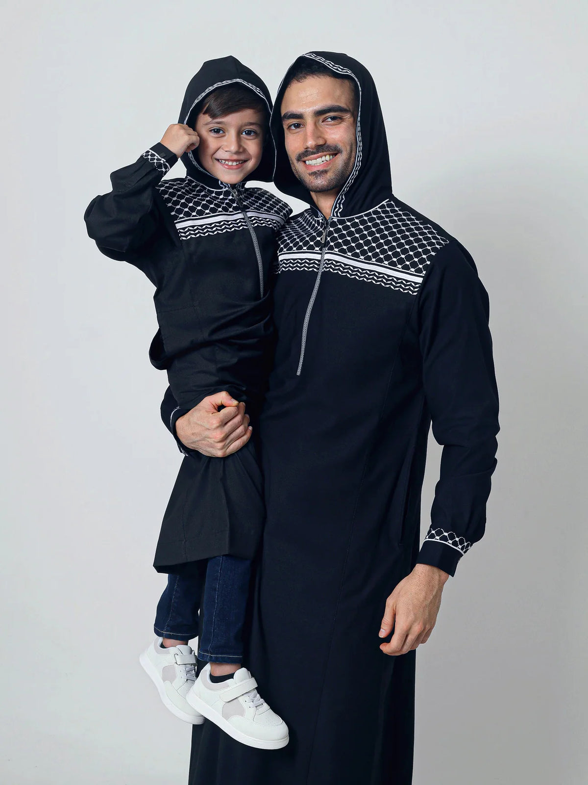 Kids Boys hooded Thobe Palestine Keffiyeh inspired Black/white (Dad & son matching)