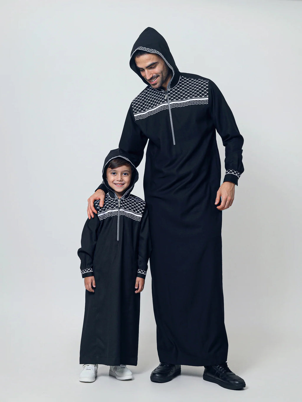 Adult hooded Thobe Palestine Keffiyeh inspired Black/white (Dad & son matching)