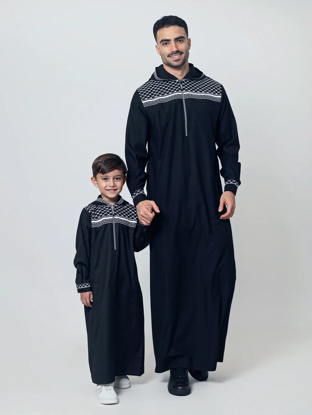 Adult hooded Thobe Palestine Keffiyeh inspired Black/white (Dad & son matching)