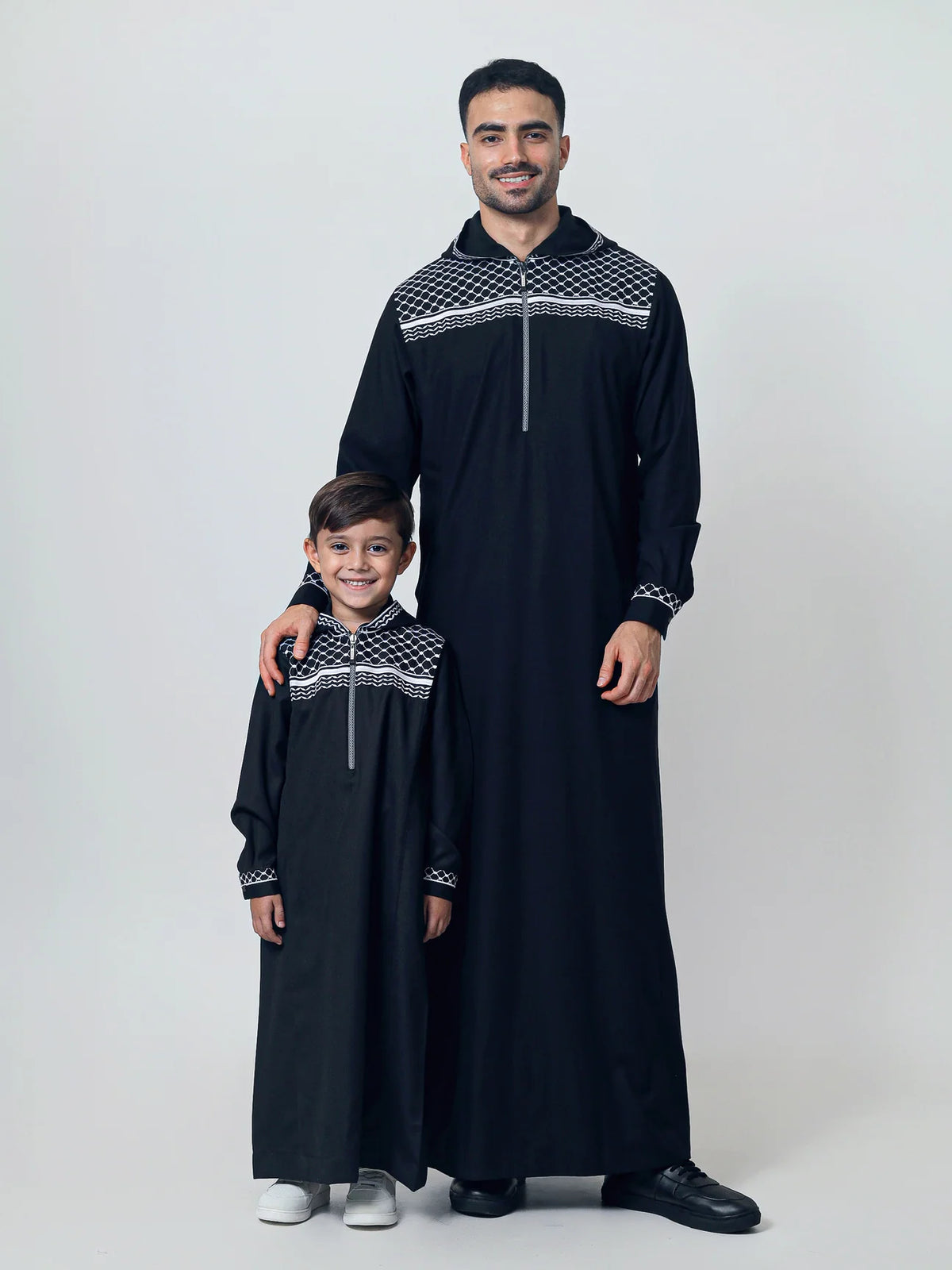 Adult hooded Thobe Palestine Keffiyeh inspired Black/white (Dad & son matching)