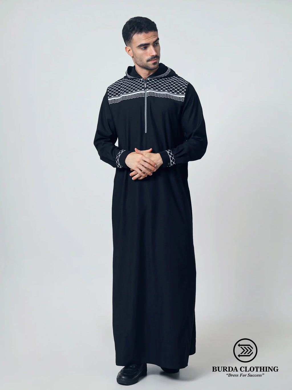 Adult hooded Thobe Palestine Keffiyeh inspired Black/white (Dad & son matching)