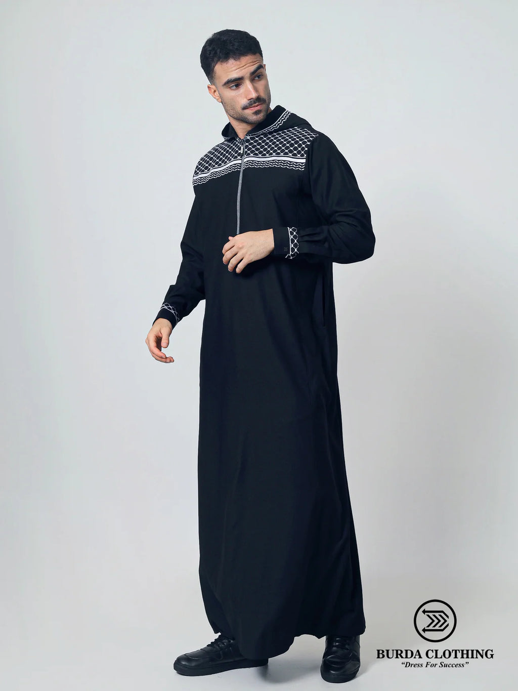 Adult hooded Thobe Palestine Keffiyeh inspired Black/white (Dad & son matching)