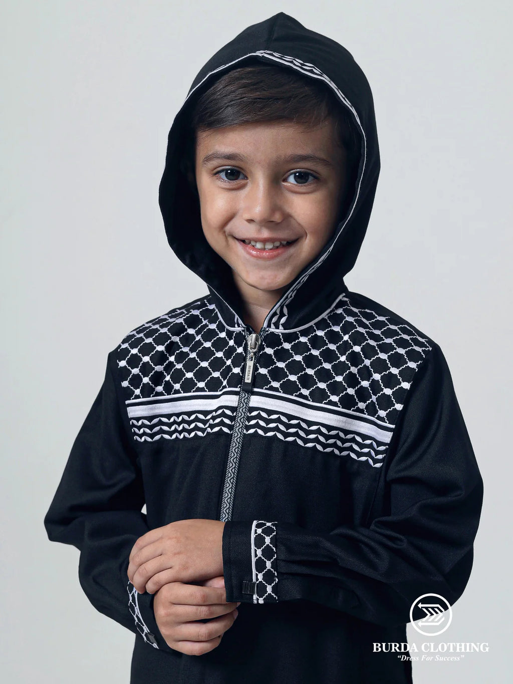 Kids Boys hooded Thobe Palestine Keffiyeh inspired Black/white (Dad & son matching)