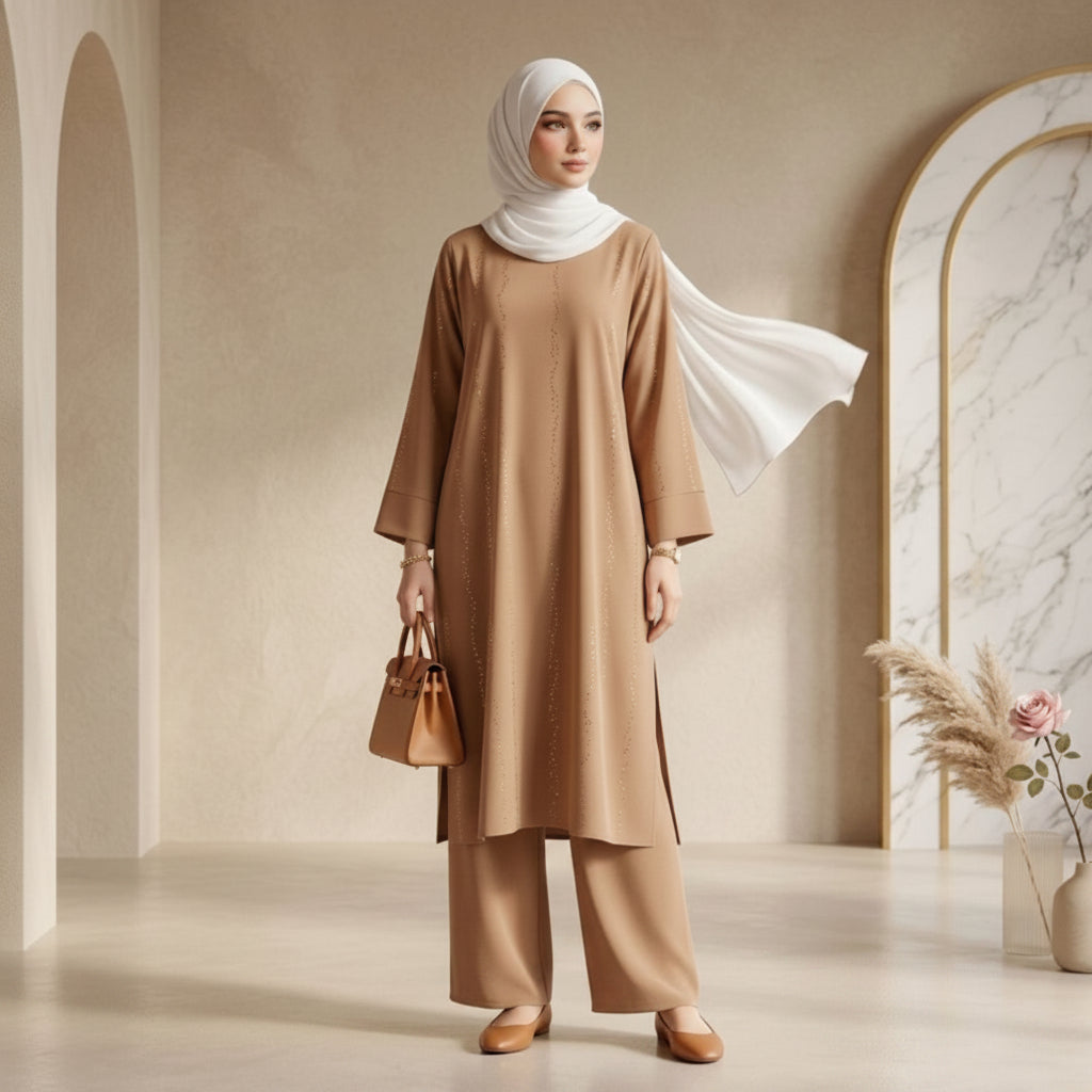 A woman modeling a two-piece modest outfit in a warm camel brown color, consisting of a long-sleeve tunic and wide-leg pants, paired with a white hijab and holding a matching brown handbag. The image is set in a warm, beige-toned interior with arches.
