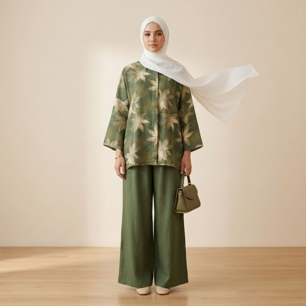 A woman modeling a coordinated outfit consisting of a green floral long-sleeve top, matching wide-leg green pants, and a white hijab, standing in a studio with a beige wall and wood floor. She is holding a small taupe handbag.