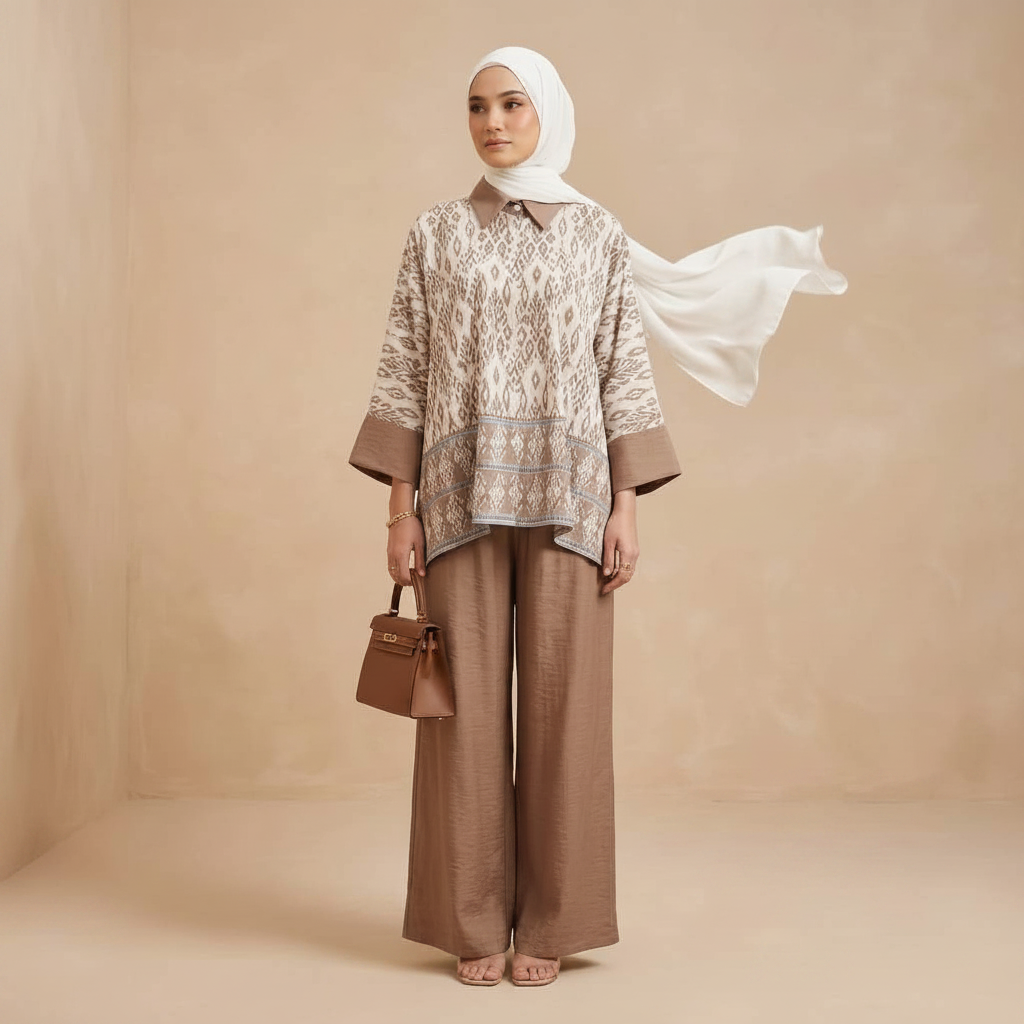 Naablus Women's Modest Cotton Linen 2 Piece Suit | Artwork Malaysian Batik Print Co-Ord Set for Work & Casual Wear (Brown)