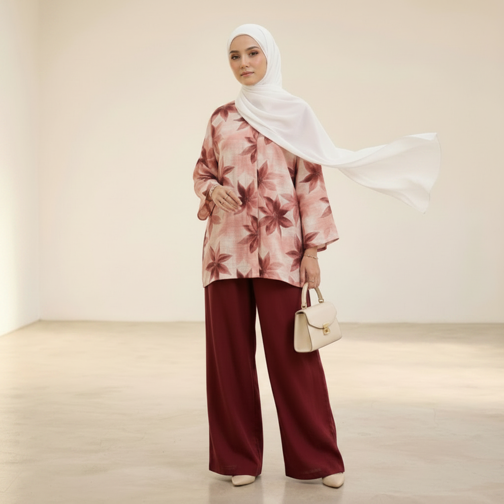 A woman modeling a two-piece modest outfit consisting of a long-sleeve top with a pink and red floral pattern and matching wide-leg trousers in burgundy, styled with a white hijab and a small beige handbag.