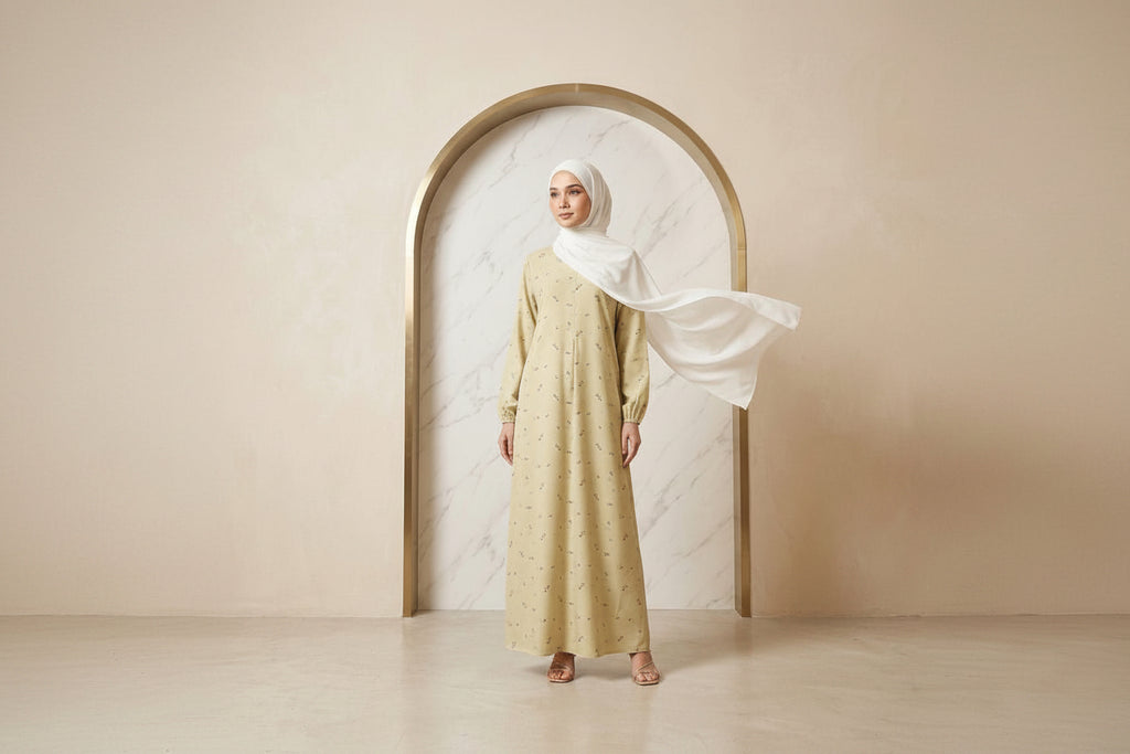 Jenin Modest Abaya Floral Print with front zipper Italian crepe (Pastel Yellow)