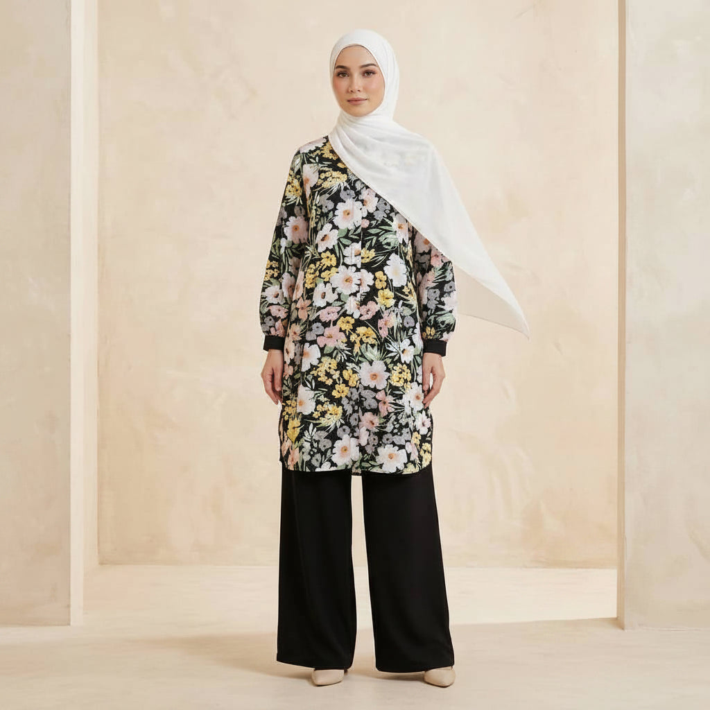 A woman modeling a floral long-sleeve tunic top with wide black pants and a white hijab, standing against a beige textured studio backdrop. Text in the lower right reads 'Set263 #88'.