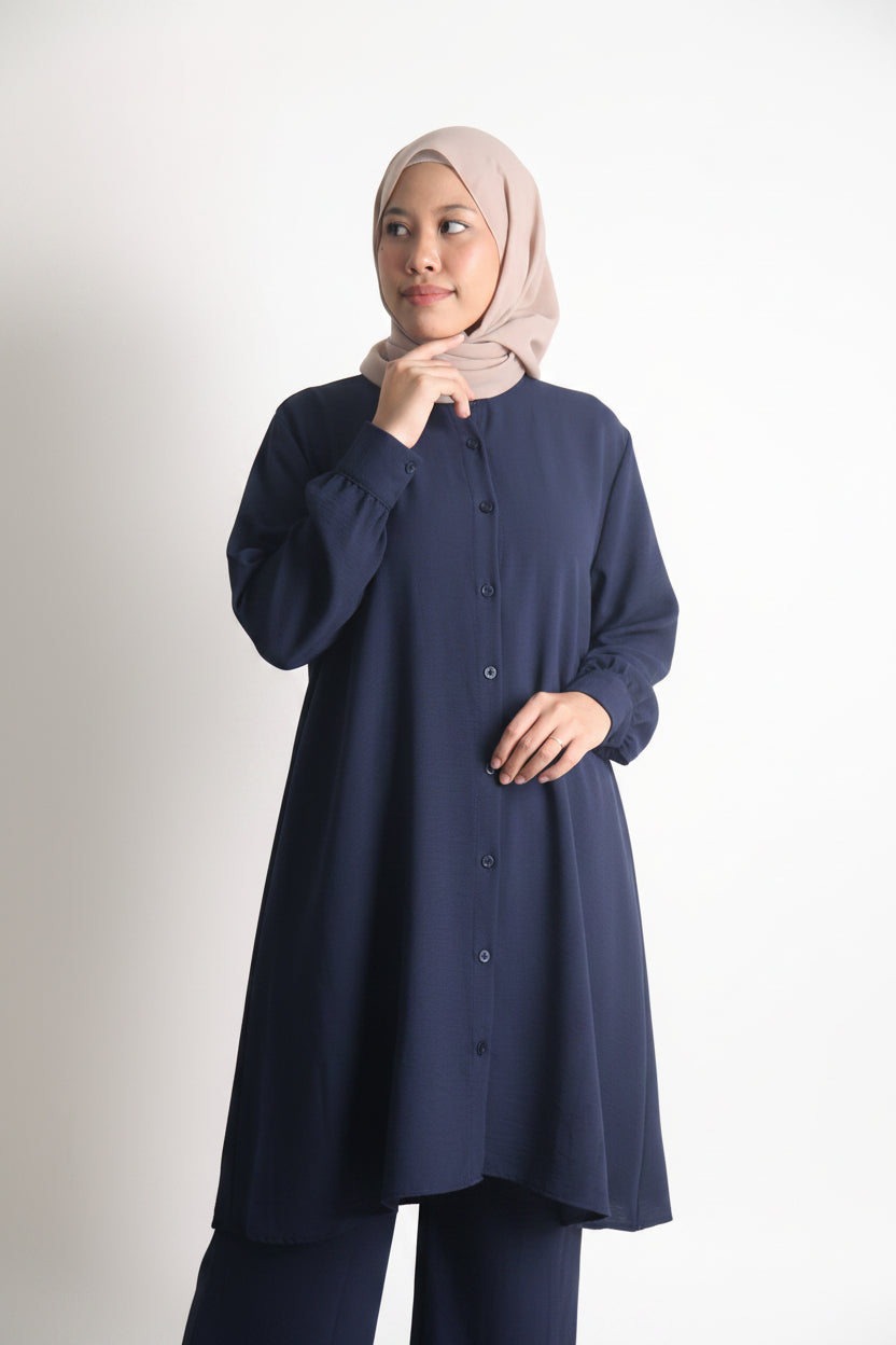 Women's Ironless 2 Pieces Outfit Long Set (Navy Blue)